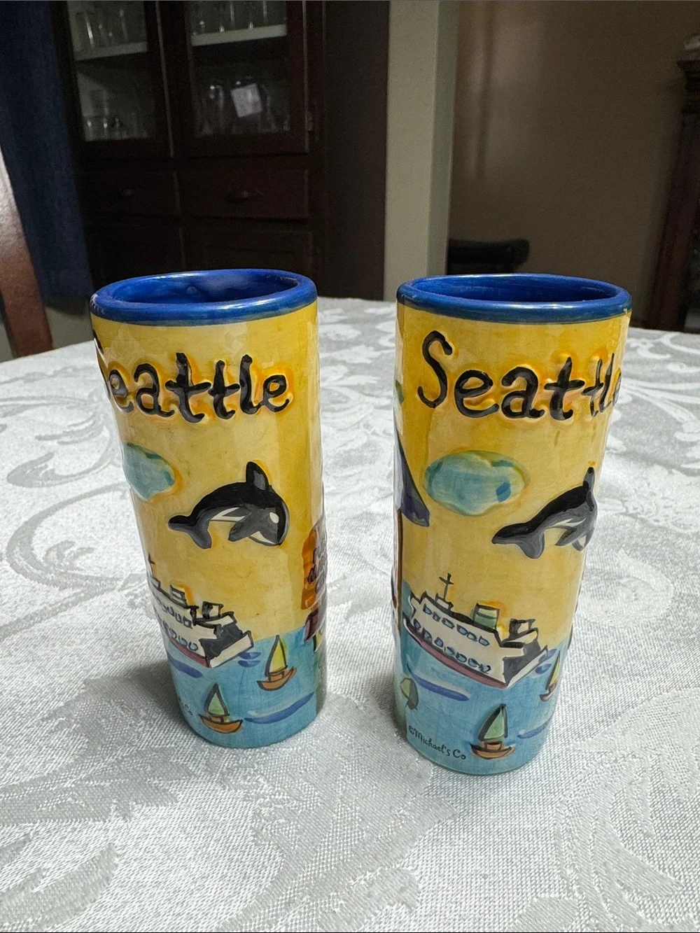 (2) Vtg. 1990s Tall Seattle Washington souvenir shot glasses. 4” tall